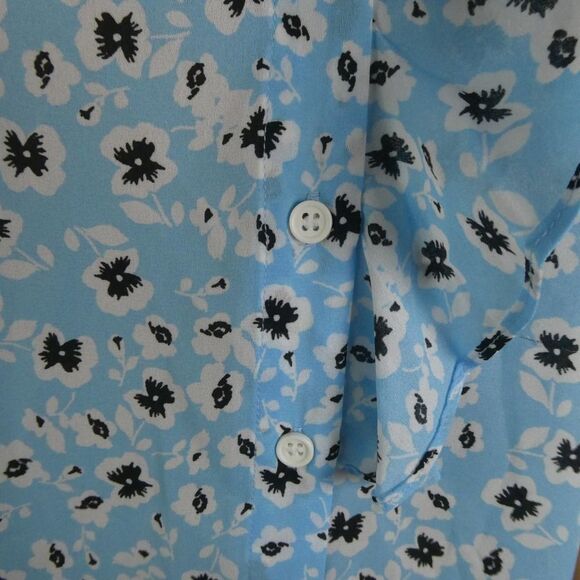 Topshop Floral Button Up Blouse Bubble Sleeve Ruffle Tie Neck Top Blue White - Picture 5 of 10